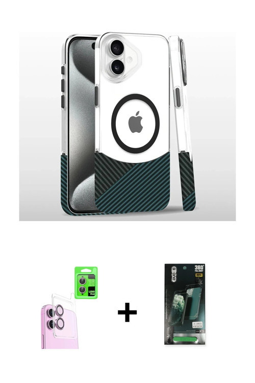 iPhone 16 Kılıf İz Asil Prime - Siyah 360 Mat Full Body Arka Koruyucu + Pembe Raze Metal Kamera