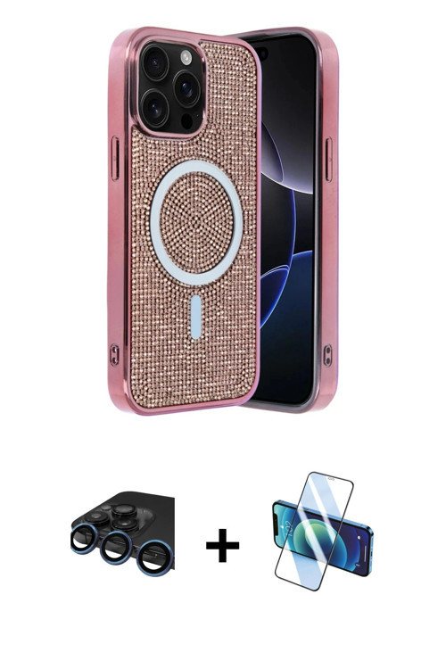 ieg™ iPhone 15 Pro Kılıf Eksen Çizgi - Siyah 3D Antistatik Cam Ekran Koruyucu + Lacivert Raze Metal