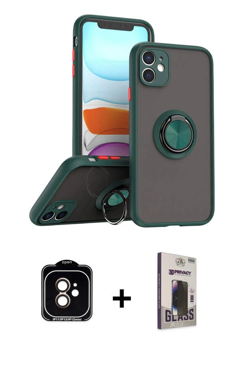 ieg™ iPhone 11 Kılıf Yörünge Çizgi - Siyah Bilvis Hayalet Cam Ekran Koruyucu + Turuncu PVD Metal Kam
