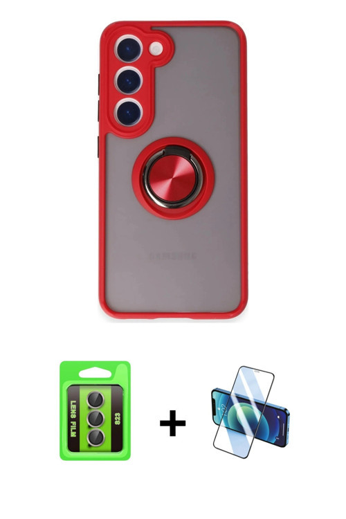ieg™ Galaxy S23 Kılıf Yörünge Çizgi - Siyah 3D Antistatik Cam Ekran Koruyucu + Gri Raze Metal Kamera
