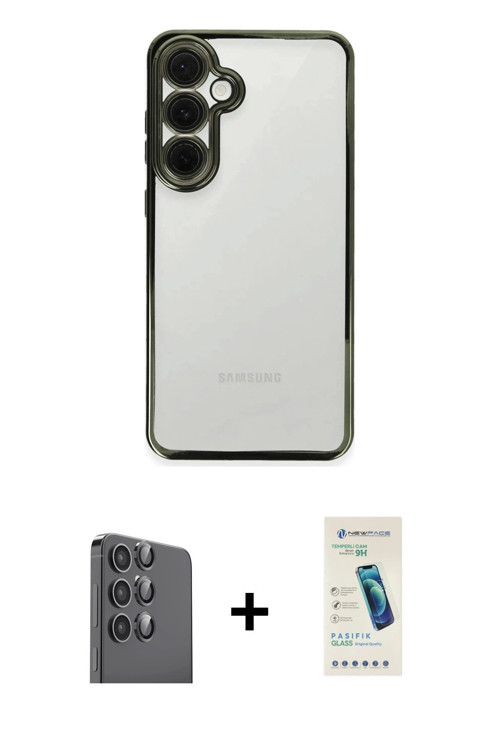 ieg™ Galaxy S24 FE Kılıf Vadi Minimal - Şeffaf Pasifik Cam Ekran Koruyucu + Siyah Raze Metal Kamera