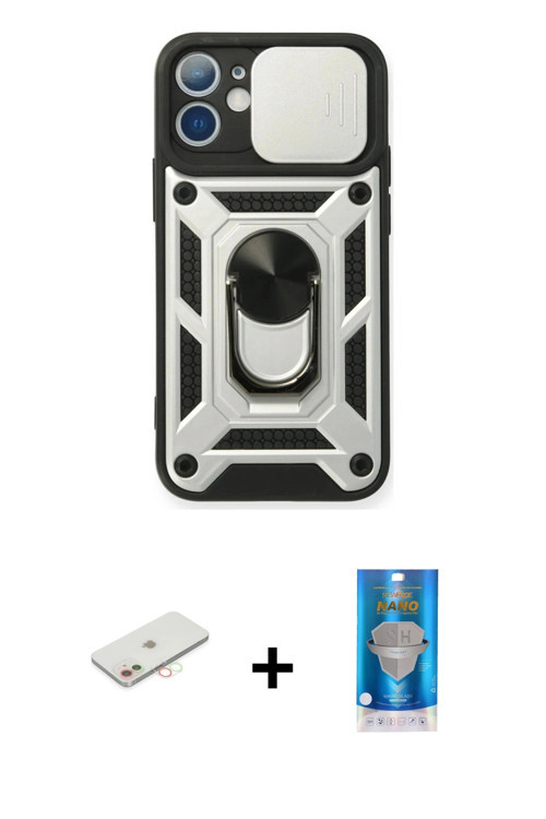 iPhone 12 Mini Kılıf Ahenk Klasik - Şeffaf Royal Nano Ekran Koruyucu + Yeşil Renkli Kamera Lens