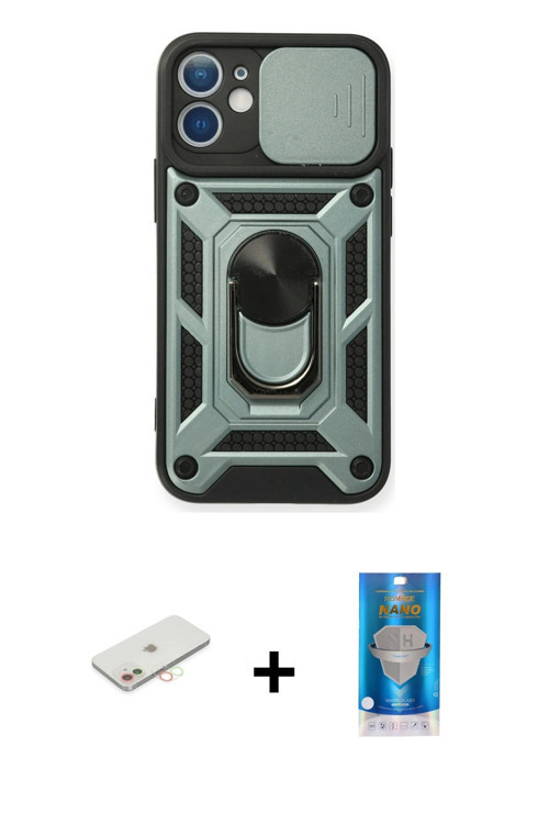 iPhone 12 Mini Kılıf Ahenk Klasik - Şeffaf Royal Nano Ekran Koruyucu + Yeşil Renkli Kamera Lens