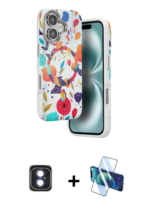 ieg™ iPhone 16 Kılıf Siluet Doku - Siyah 3D Antistatik Seramik Nano Ekran Koruyucu + Mavi PVD Metal