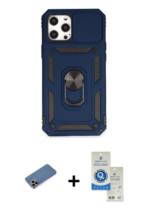 ieg™ iPhone 12 Pro Max Kılıf Ahenk Klasik - Şeffaf Royal Nano Ekran Koruyucu + Gold Shine Kamera Len