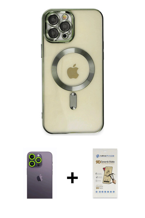 ieg™ iPhone 12 Pro Max Kılıf Nova Işık Özel Seri - Siyah Mat Seramik Nano Ekran Koruyucu + Yeşil Neo