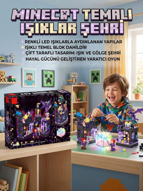 330 Parçalı Işıklı Renkli Parçalı Minecraft Temalı Boşluk Şehri Eğitici Oyuncak Yapı Seti