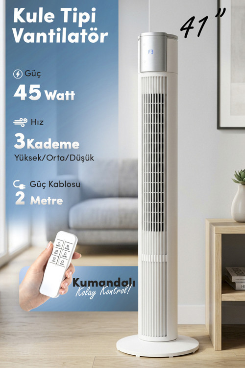 7GTF2 41 İnç Kule Tipi Vantilatör Beyaz | 45W Turbo Force, Uzaktan Kumandalı, Sessiz, Zaman Ayar