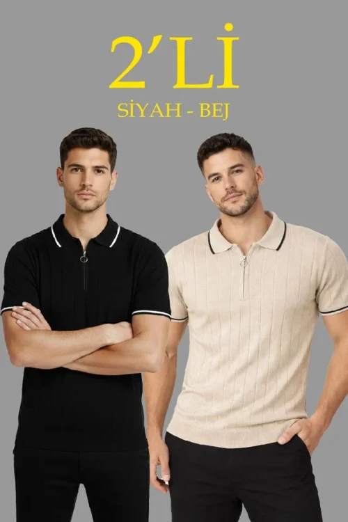 Erkek 2’li Paket Dokuma Triko Fermuarlı Yakalı Fitilli Kısa Kollu Regular Fit Tişört - Bej