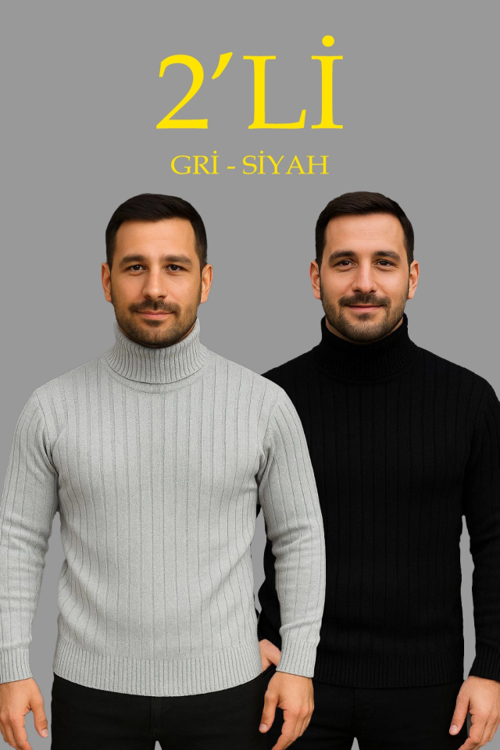 Erkek Fitilli Triko Kazak 2li Set Gri Siyah Regular Balıkcı Yaka Tam Boğazlı Triko Seti Modeli K