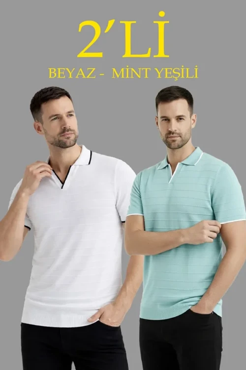 Erkek 2’li Paket Triko Yakalı Düğmesiz Açık Yaka Fitilli Kısa Kollu Regular Fit Tişört - B