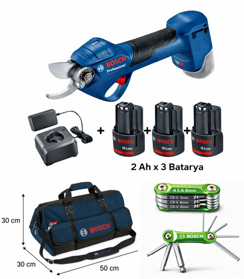 Pro Pruner Şarjlı Dal Budama Makası 3× 2 Ah Batarya + M Beden Çanta + 8 li Allen seti