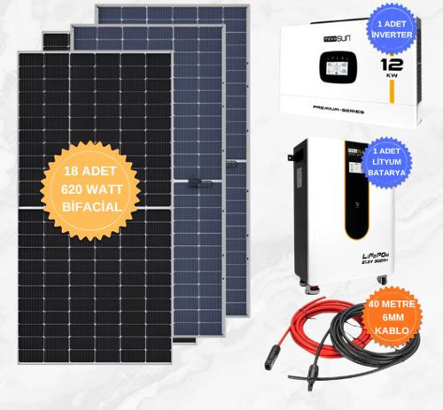 12Kw Premium 48V Solar Paket Sistem | 51,2V 300Ah Lifepo4 Lityum Akü + Alfa 620W Bifacial Güneş Paneli + 6Mm Kab