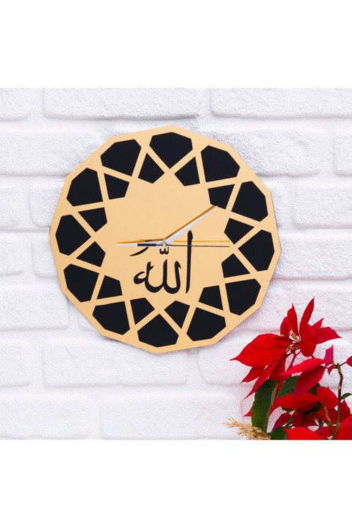 DeepCraft Dekoratif Şeffaf Akrilik Sessiz Akar Duvar Saati Salon,Mutfak,Ofis Saati -Gold Siyah Allah