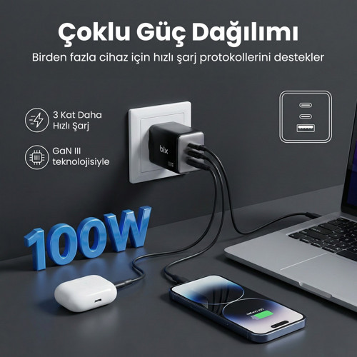 Bix 100W 3 Portlu Type-C + USB-A GaN Şarj Aleti iPhone & Macbook & Android Uyumlu PD 3.0 Hızlı Şarj Cihazı 2