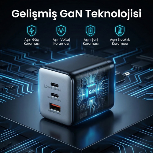 Bix 100W 3 Portlu Type-C + USB-A GaN Şarj Aleti iPhone & Macbook & Android Uyumlu PD 3.0 Hızlı Şarj Cihazı 3