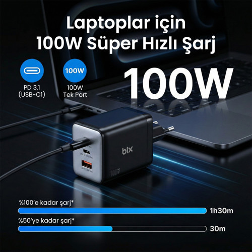 Bix 100W 3 Portlu Type-C + USB-A GaN Şarj Aleti iPhone & Macbook & Android Uyumlu PD 3.0 Hızlı Şarj Cihazı 4