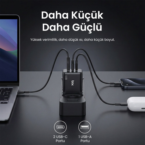 Bix 100W 3 Portlu Type-C + USB-A GaN Şarj Aleti iPhone & Macbook & Android Uyumlu PD 3.0 Hızlı Şarj Cihazı 5