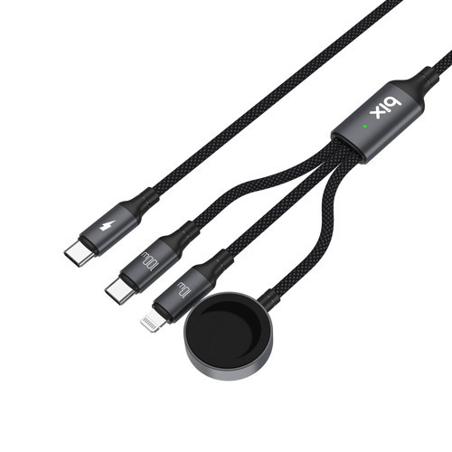 Bix 100W Type-C Lightning Ve Apple Watch İçin 3’Ü 1 Arada Çoklu Şarj Ve Data Kablosu Koyu Gri 1.2 Metre 2