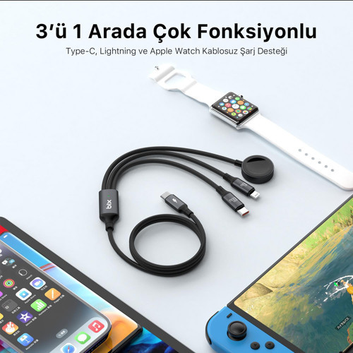 Bix 100W Type-C Lightning Ve Apple Watch İçin 3’Ü 1 Arada Çoklu Şarj Ve Data Kablosu Koyu Gri 1.2 Metre 3