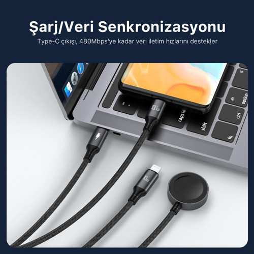 Bix 100W Type-C Lightning Ve Apple Watch İçin 3’Ü 1 Arada Çoklu Şarj Ve Data Kablosu Koyu Gri 1.2 Metre 4