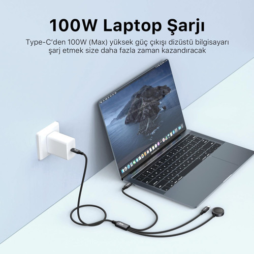 Bix 100W Type-C Lightning Ve Apple Watch İçin 3’Ü 1 Arada Çoklu Şarj Ve Data Kablosu Koyu Gri 1.2 Metre 5