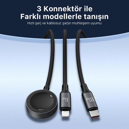Bix 100W Type-C Lightning Ve Apple Watch İçin 3’Ü 1 Arada Çoklu Şarj Ve Data Kablosu Koyu Gri 1.2 Metre 6