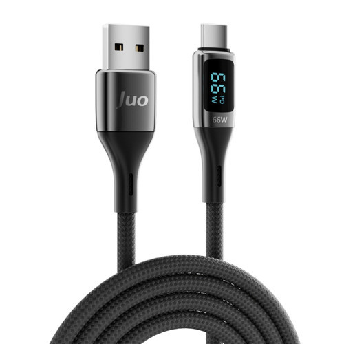 Juo 66W Dijital Led Ekranlı Örgülü USB-A to USB Type-C Hızlı Şarj ve Data Kablosu 1 Metre 5