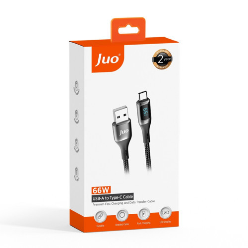 Juo 66W Dijital Led Ekranlı Örgülü USB-A to USB Type-C Hızlı Şarj ve Data Kablosu 2 Metre 7