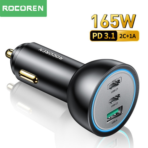 165W 3 Portlu PD3.1 2*Type-C ve USB-A Araç içi Hızlı Şarj Cihazı + 1 Metre 240W Kablo