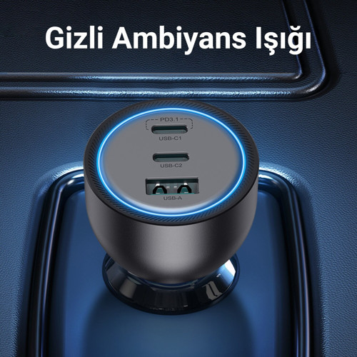 Rocoren 165W 3 Portlu PD3.1 2*Type-C ve USB-A Araç içi Hızlı Şarj Cihazı + 1 Metre 240W Kablo 6