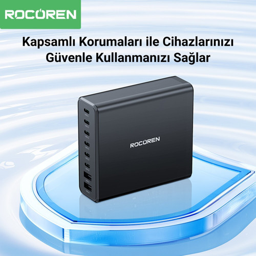 Rocoren 200W Gan 8 Portlu Şarj Cihazı 6*Type-C 2*Usb-A Macbook İphone Samsung Uyumlu Şarj İstasyonu 5