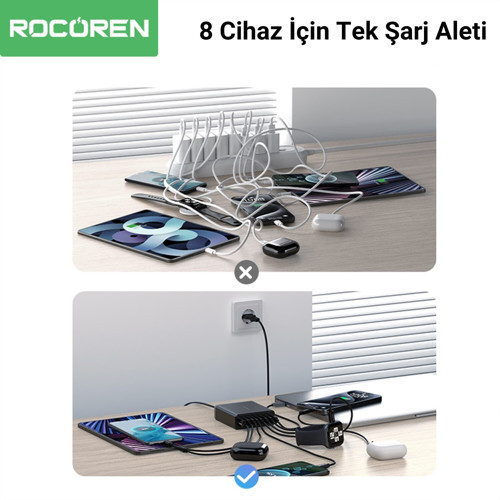 Rocoren 200W Gan 8 Portlu Şarj Cihazı 6*Type-C 2*Usb-A Macbook İphone Samsung Uyumlu Şarj İstasyonu 6