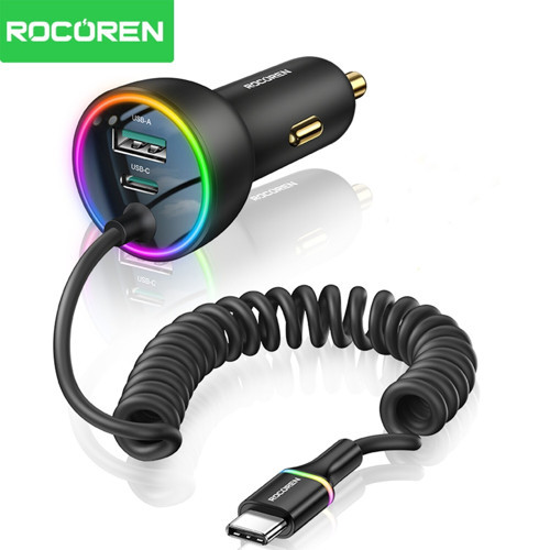 70W 3 Portlu 2*Type-C 1*USB-A Spiral Kablolu LED Işıklı Araç İçi Hızlı Şarj Cihazı