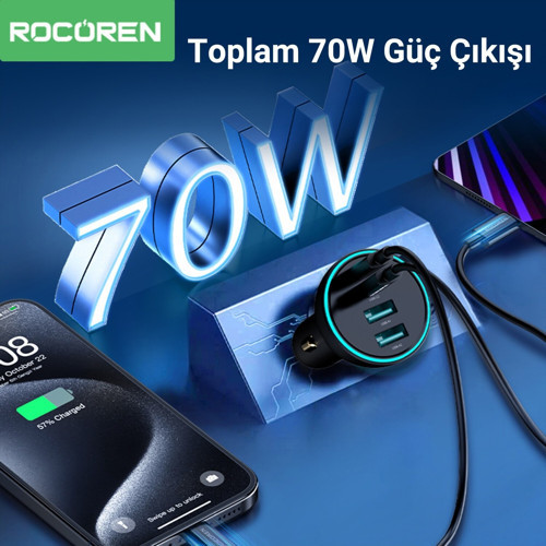 Rocoren 70W 4 Portlu 2*Type-C 2*USB-A LED Işıklı Araç içi Hızlı Şarj Cihazı 5