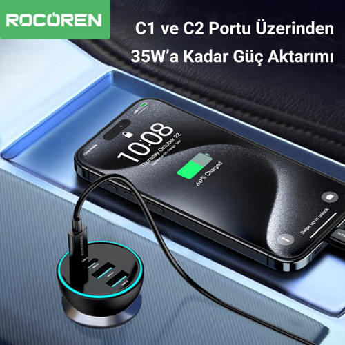 Rocoren 70W 4 Portlu 2*Type-C 2*USB-A LED Işıklı Araç içi Hızlı Şarj Cihazı 6
