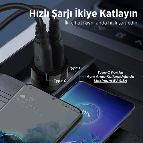 BXCC65C 65W Çift Portlu Type-C Araç Şarj Aleti iPhone & Android & Notebook Mini Araç içi Şarj Cihazı Siyah 6