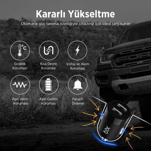 BXCC65C 65W Çift Portlu Type-C Araç Şarj Aleti iPhone & Android & Notebook Mini Araç içi Şarj Cihazı Siyah 7