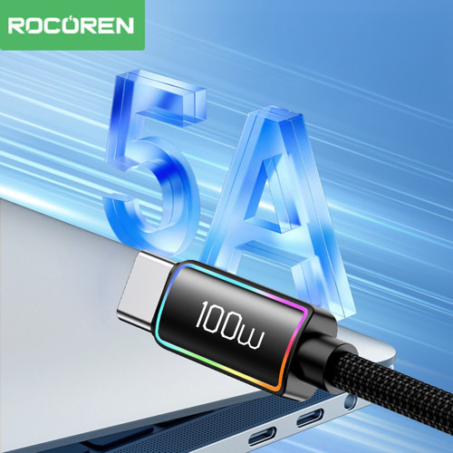 Rocoren 100W Type-C to Type-C RGB Aydınlatmalı Örgülü Şarj ve Data Kablosu 1 Metre 2
