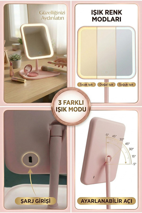 Ledli Dikdörtgen Ayna Işıklı Mini Makyaj Aynası 19X14 CM Pembe