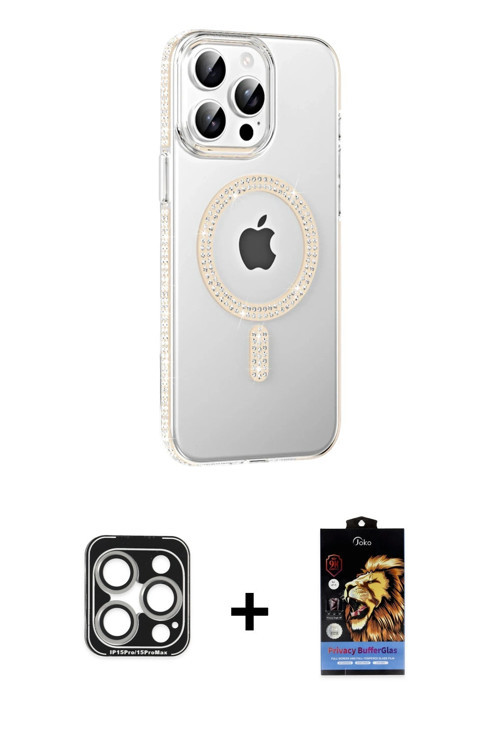 ieg™ iPhone 15 Pro Max Kılıf Yörünge Koleksiyonu - Siyah Buffer Hayalet Cam Ekran Koruyucu + Gümüş P
