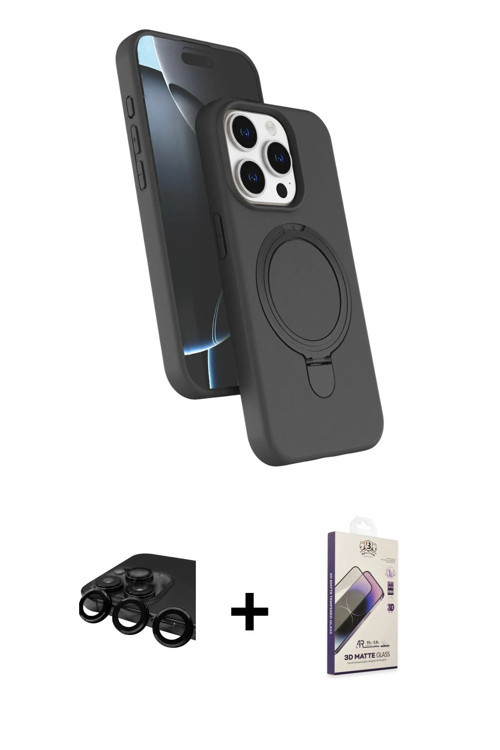 ieg™ iPhone 15 Pro Max Kılıf İz Işık Koleksiyonu - Siyah Bilvis 3D Mat Cam Ekran Koruyucu + Siyah Ra