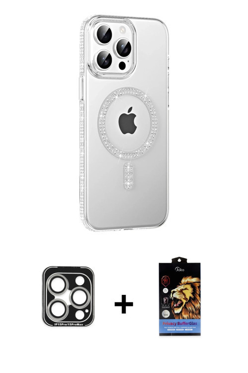 ieg™ iPhone 15 Pro Max Kılıf Yörünge Koleksiyonu - Siyah Buffer Hayalet Cam Ekran Koruyucu + Gümüş P