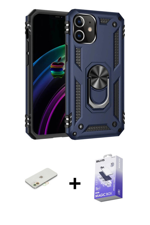 iPhone 12 Kılıf Ahenk Klasik Koleksiyonu - Siyah Bilvis 5in1 5D Magic Hayalet Cam Ekran Koruyuc