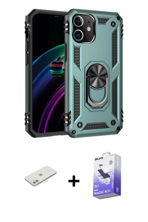 iPhone 12 Kılıf Ahenk Klasik Koleksiyonu - Siyah Bilvis 5in1 5D Magic Hayalet Cam Ekran Koruyuc
