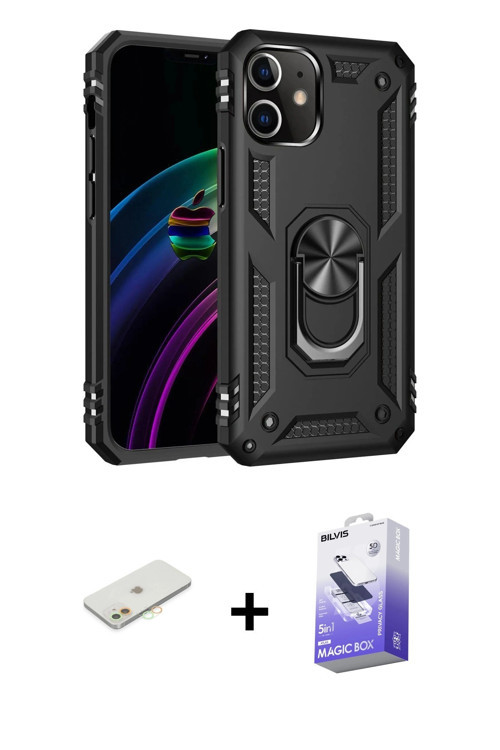iPhone 12 Kılıf Ahenk Klasik Koleksiyonu - Siyah Bilvis 5in1 5D Magic Hayalet Cam Ekran Koruyuc