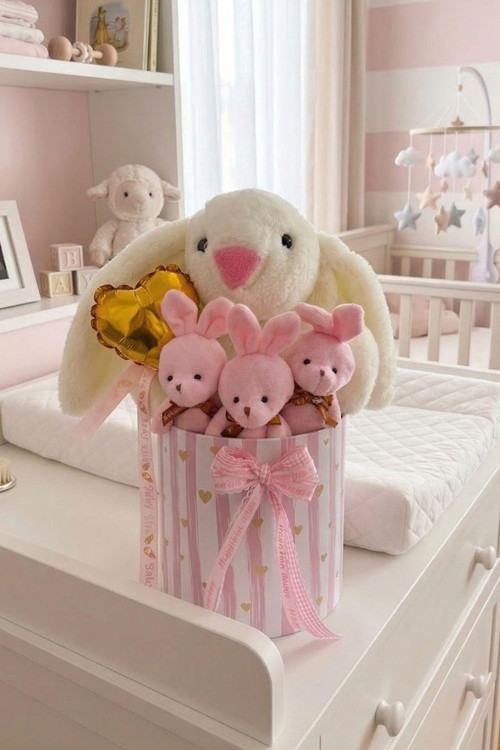 Özel Kutuda Uyku Arkadaşı Bunny Peluş Tavşan ile Kız Yeni Doğan Hediye Seti | Babyshower, Yenidoğan Hediyesi
