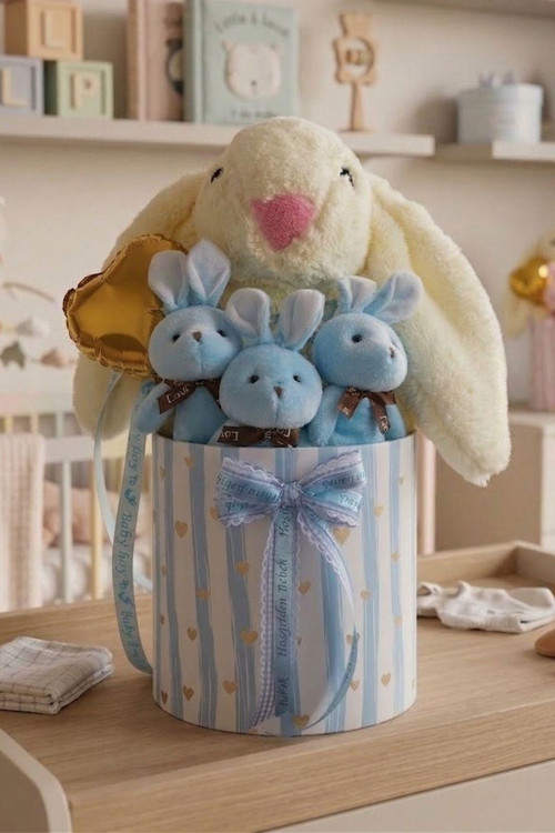 Özel Kutuda Uyku Arkadaşı Bunny Peluş Tavşan ile Erkek Yeni Doğan Hediye Seti | Babyshower, Yenidoğan Hediyesi
