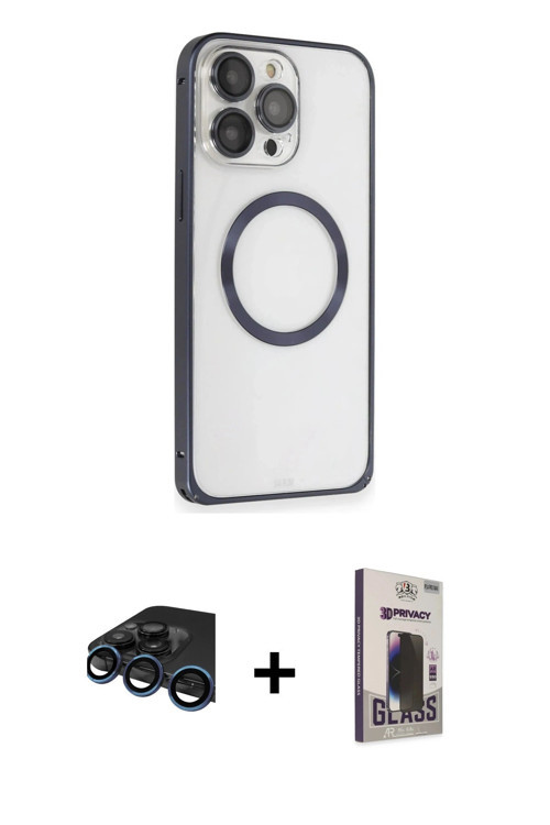 ieg™ iPhone 15 Pro Kılıf Ahenk Işık Serisi - Siyah Bilvis Hayalet Cam Ekran Koruyucu + Lacivert Raze