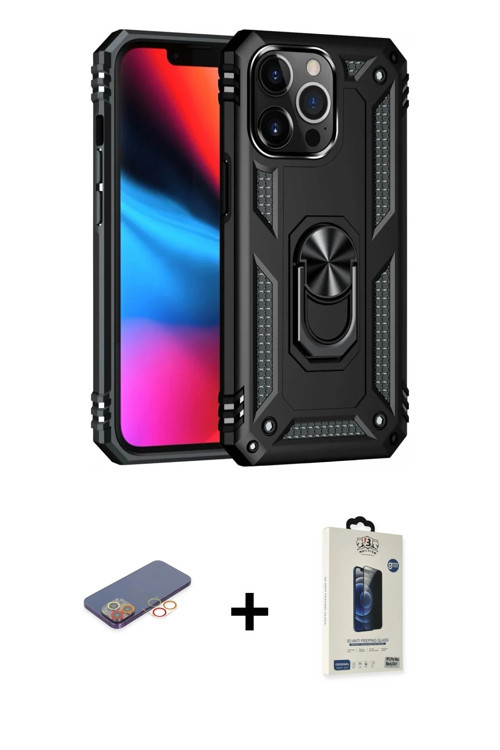 ieg™ iPhone 13 Pro Max Kılıf Ahenk Klasik Koleksiyonu - Siyah Bilvis Hayalet Cam Ekran Koruyucu + Tu